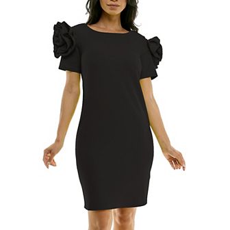 Women's Nina Leonard Shoulder Flower Ruffle Mini Sheath Dress