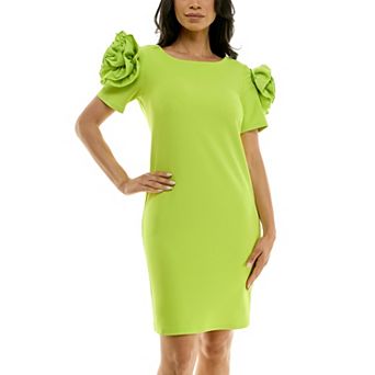 Women's Nina Leonard Shoulder Flower Ruffle Mini Sheath Dress
