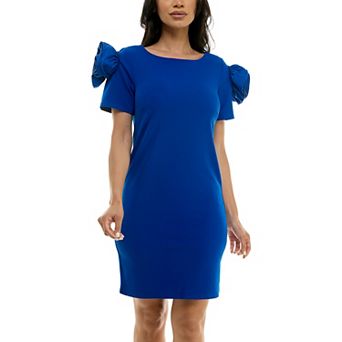 Women's Nina Leonard Shoulder Flower Ruffle Mini Sheath Dress