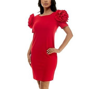 Women's Nina Leonard Shoulder Flower Ruffle Mini Sheath Dress