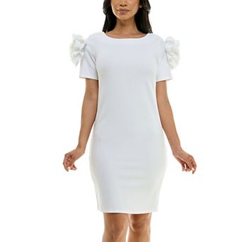 Women's Nina Leonard Shoulder Flower Ruffle Mini Sheath Dress