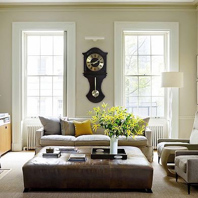 Bedford Clock Collection 27.5 Inch Wall Clock With Pendulum And Chimes In Chocolate Brown Oak Finish