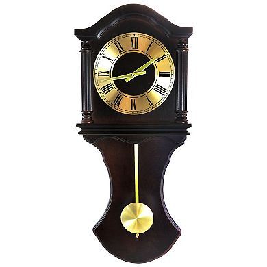 Bedford Clock Collection 27.5 Inch Wall Clock With Pendulum And Chimes In Chocolate Brown Oak Finish