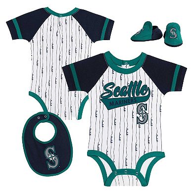 Newborn & Infant White Seattle Mariners Base Hitter Bodysuit, Bib & Bootie Set