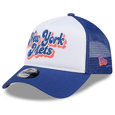 Women's New Era White/Royal New York Mets Throwback Team Foam Front A-Frame Trucker 9FORTY Adjustable Hat