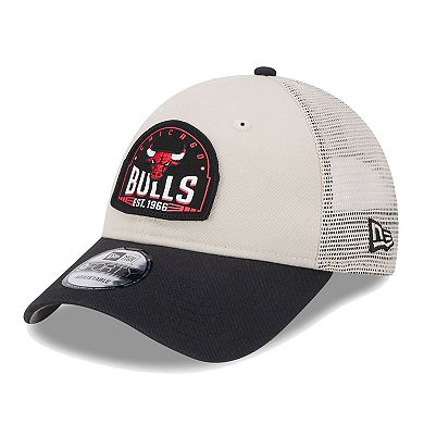 Men's New Era Khaki/Black Chicago Bulls Throwback Patch Trucker 9FORTY Adjustable Hat