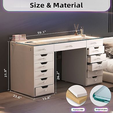 VANITII 13-Drawers Makeup Vanity Desk With RGB Lights  For Bedroom  White