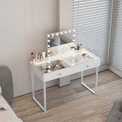 VANITII 2 Drawers Makeup Vanities With Lights Charging Port Modern Vanity Desk For Bedroom Dresser