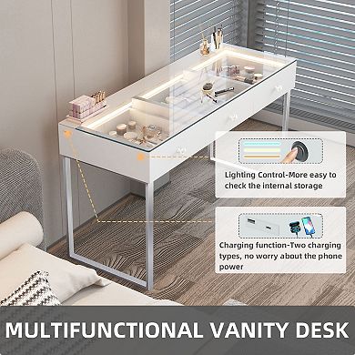 VANITII 3 Drawers Makeup Vanities Led Light Stainless Steel Glass Vanity Desk White