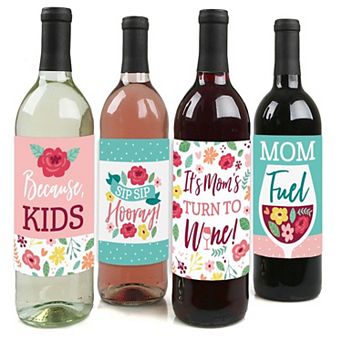 Big Dot Of Happiness Colorful Floral Happy Mother's Day Party Wine Bottle Label Stickers 4 ct