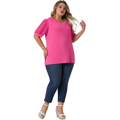 Plus Size Tops For Women V Neck Swiss Dots Puffy Sleeve Shirts Loose Casual Blouses Tee Shirt