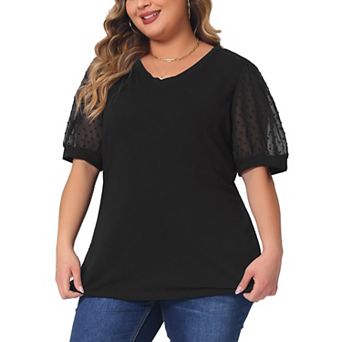 Plus Size Tops For Women V Neck Swiss Dots Puffy Sleeve Shirts Loose Casual Blouses Tee Shirt