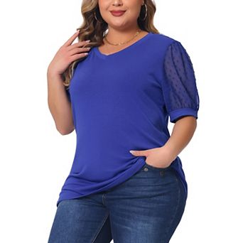Plus Size Tops For Women V Neck Swiss Dots Puffy Sleeve Shirts Loose Casual Blouses Tee Shirt