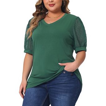Plus Size Tops For Women V Neck Swiss Dots Puffy Sleeve Shirts Loose Casual Blouses Tee Shirt