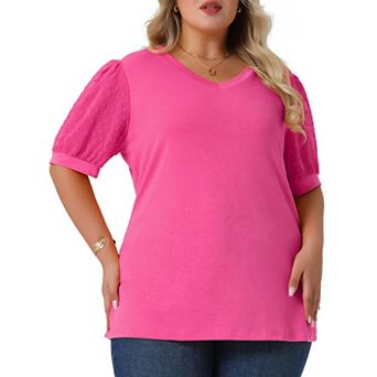 Plus Size Tops For Women V Neck Swiss Dots Puffy Sleeve Shirts Loose Casual Blouses Tee Shirt