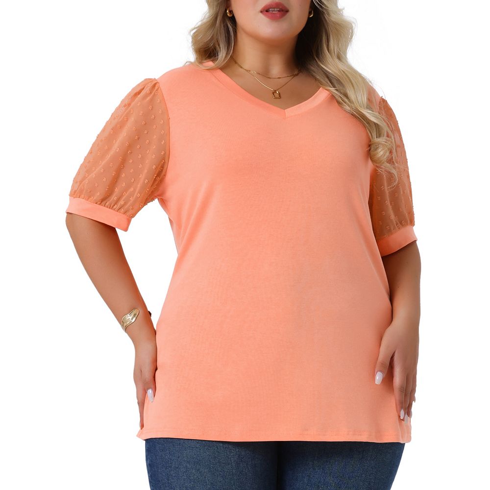 Plus Size Tops For Women V Neck Swiss Dots Puffy Sleeve Shirts Loose ...