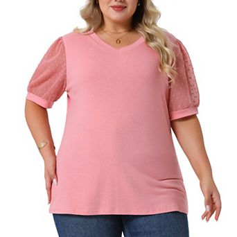 Plus Size Tops For Women V Neck Swiss Dots Puffy Sleeve Shirts Loose Casual Blouses Tee Shirt