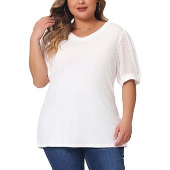 Plus Size Tops For Women V Neck Swiss Dots Puffy Sleeve Shirts Loose Casual Blouses Tee Shirt
