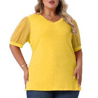 Plus Size Tops For Women V Neck Swiss Dots Puffy Sleeve Shirts Loose Casual Blouses Tee Shirt
