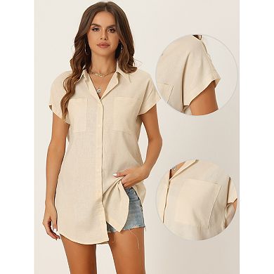 Button Down Shirt For Women Office Casual V Neck Pockets Short Sleeve Blouse Tops
