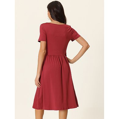 Women's Casual Knit Dress With Pockets Scoop Neck Short Sleeve Ruched Midi A-line Dress