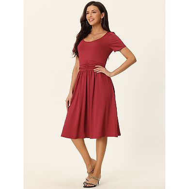 Women's Casual Knit Dress With Pockets Scoop Neck Short Sleeve Ruched Midi A-line Dress