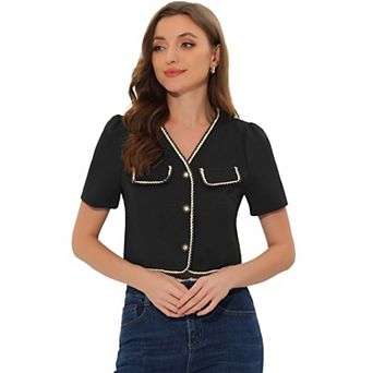 Contrast Trim Jacket For Women's V Neck Short Sleeve Single Breasted Blazer