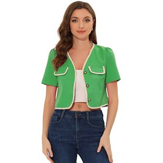 Contrast Trim Jacket For Women's V Neck Short Sleeve Single Breasted Blazer