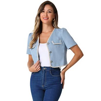 Contrast Trim Jacket for Women's V Neck Short Sleeve Single Breasted Blazer