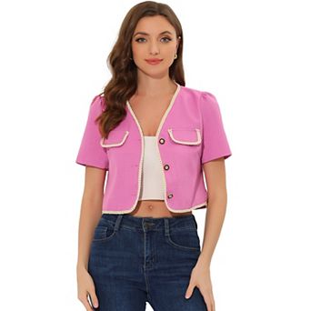 Contrast Trim Jacket For Women's V Neck Short Sleeve Single Breasted Blazer