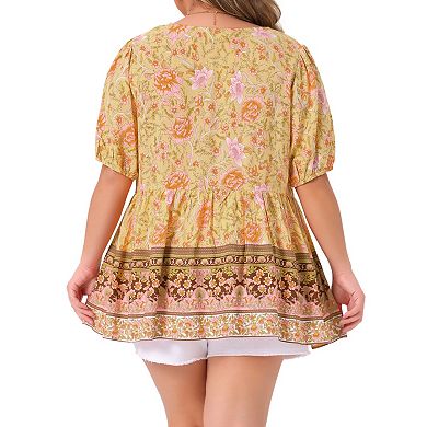 Plus Size Boho Tops for Women Floral Print V Neck Short Sleeve Summer Shirts Peplum Loose Blouses
