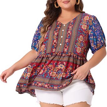 Plus Size Boho Tops For Women Floral Print V Neck Short Sleeve Summer Shirts Peplum Loose Blouses