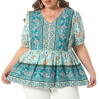 Plus Size Boho Tops for Women Floral Print V Neck Short Sleeve Summer Shirts Peplum Loose Blouses