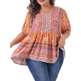 Plus Size Boho Tops For Women Floral Print V Neck Short Sleeve Summer Shirts Peplum Loose Blouses
