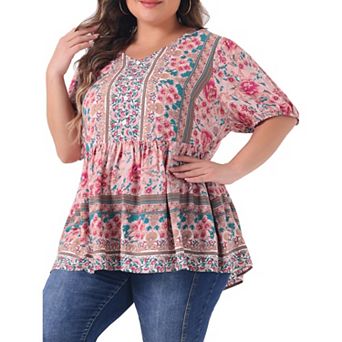 Plus Size Boho Tops For Women Floral Print V Neck Short Sleeve Summer Shirts Peplum Loose Blouses
