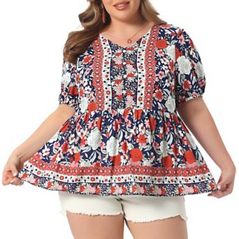Plus Size Boho Tops for Women Floral Print V Neck Short Sleeve Summer Shirts Peplum Loose Blouses