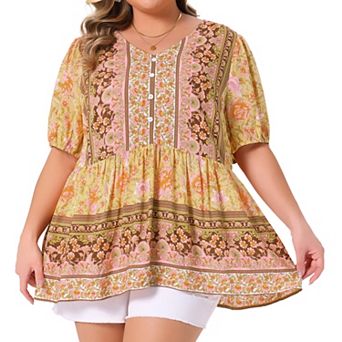 Plus Size Boho Tops For Women Floral Print V Neck Short Sleeve Summer Shirts Peplum Loose Blouses