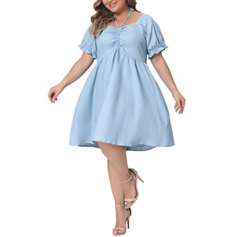Plus Size Dress For Women Sweetheart Neck Self Tie Front Puffy Sleeve Back Elastic Dresses