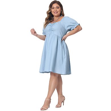 Plus Size Dress For Women Sweetheart Neck Self Tie Front Puffy Sleeve Back Elastic Dresses