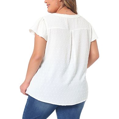 Plus Size Blouses for Women Swiss Dots Notched Neck Ruffle Sleeve Cute Basic Top Summer
