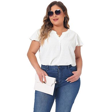 Plus Size Blouses For Women Swiss Dots Notched Neck Ruffle Sleeve Cute Basic Top Summer 2024