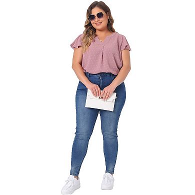 Plus Size Blouses for Women Swiss Dots Notched Neck Ruffle Sleeve Cute Basic Top Summer