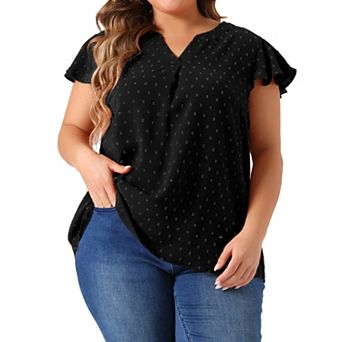 Plus Size Blouses For Women Swiss Dots Notched Neck Ruffle Sleeve Cute Basic Top Summer