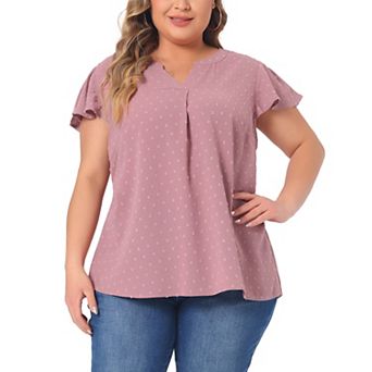 Plus Size Blouses For Women Swiss Dots Notched Neck Ruffle Sleeve Cute Basic Top Summer