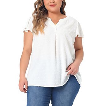 Plus Size Blouses for Women Swiss Dots Notched Neck Ruffle Sleeve Cute Basic Top Summer