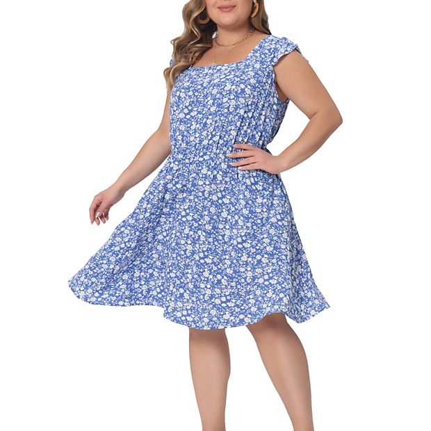 Agnes Orinda Women s Plus Size Summer Floral Square Neck Ruffle Cap Sleeve Casual A Line Dresses Blue 2x