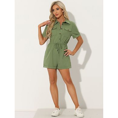 Casual Jumpsuit For Women Lapel Collered Two Pockets Shorts Romper