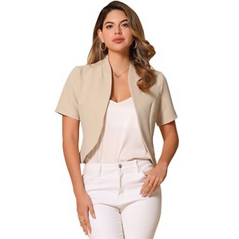 Casual Business Blazer for Women's Open Front 3/4 Sleeve Collarless Cardigan