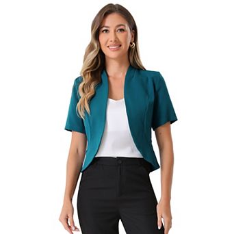 Casual Business Blazer for Women's Open Front 3/4 Sleeve Collarless Cardigan