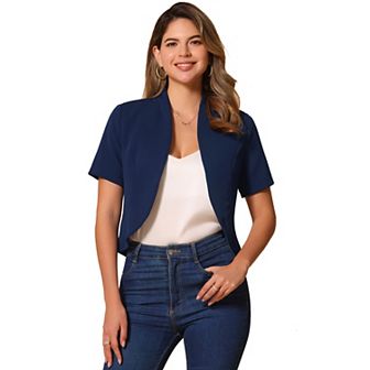 Casual Business Blazer for Women's Open Front 3/4 Sleeve Collarless Cardigan